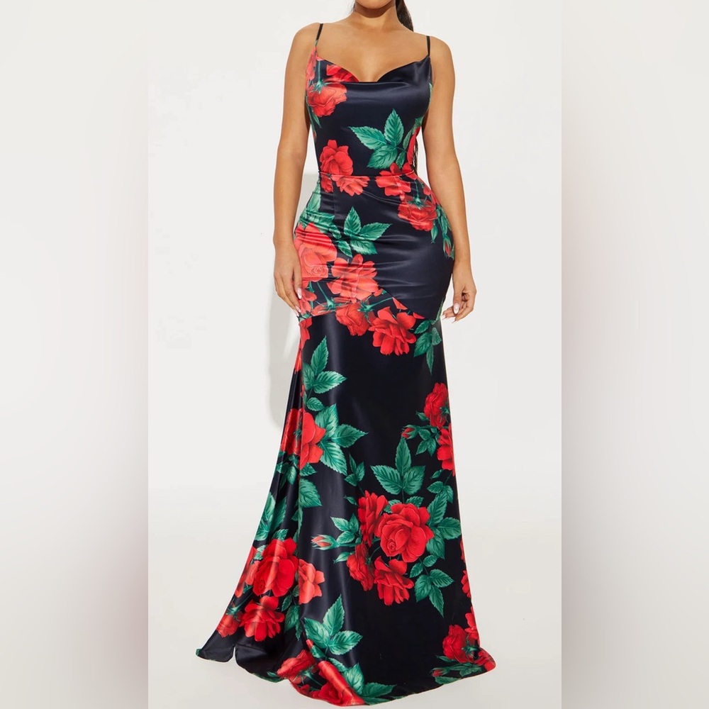 Elegant Satin Floral Black Dress